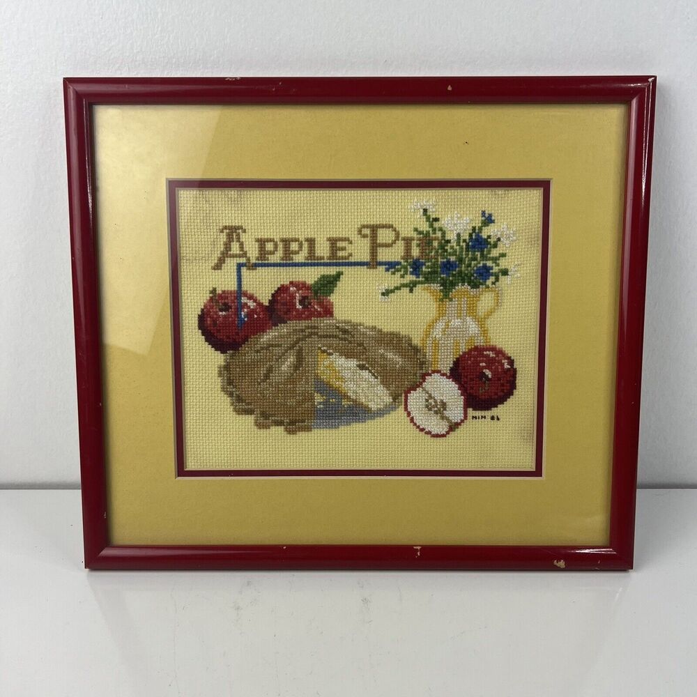 Vintage Framed Apple Pie Handmade Needlepoint Cross-Stitch Picture